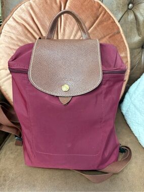 Longchamp Burgundy Nylon Backpack with Brown Leather Flap